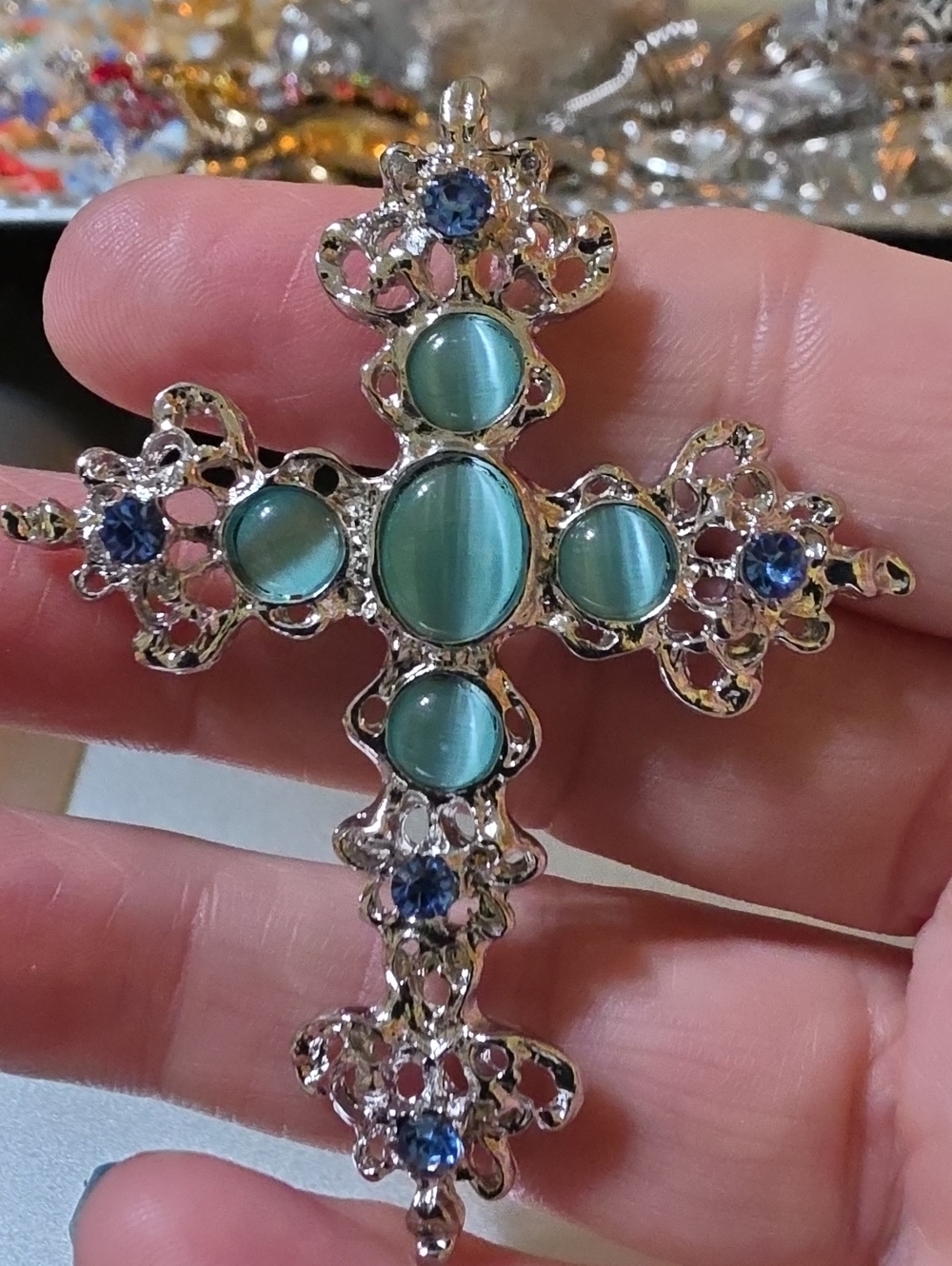 A47- Silver-Tone Cross Brooch/Pendant Combo with Aqua Cat's Eye and Blue Accents